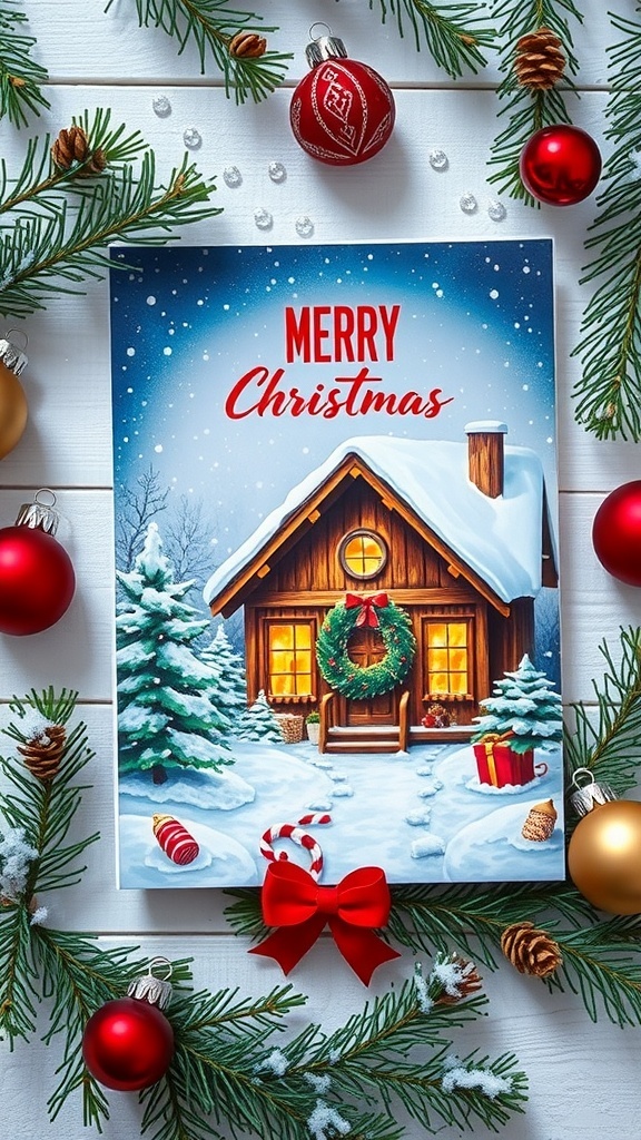 A festive Christmas card with a snowy scene and holiday decorations.